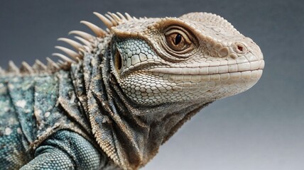 Fototapeta premium Stunning close-up portrait of majestic iguana showcasing intricate scaled skin texture, piercing amber eye and distinctive spinal crest in sharp detail