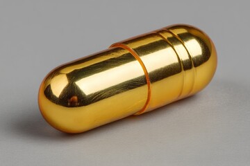 Shiny gold capsule resting on a neutral surface highlights its smooth texture and reflective quality