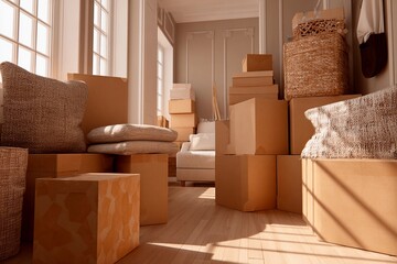 A living room filled with packed boxes and neatly arranged cushions. Sunlight pours in through large windows, illuminating the cozy space