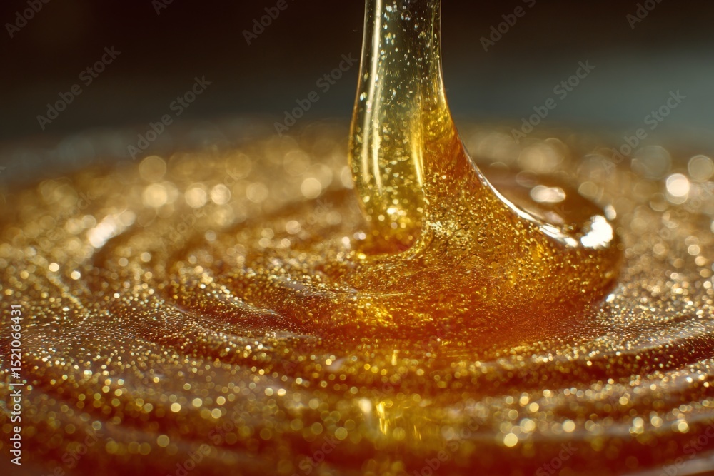 Poster golden honey dripping smoothly onto a shiny surface with sparkling highlights captured in natural li