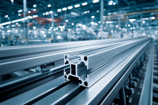 Rows of aluminum profiles are lined up in a contemporary manufacturing facility. The bright, organized space features ample machinery, highlighting industrial efficiency during working hours