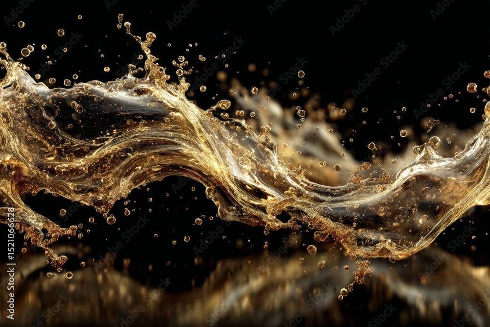Poster Golden liquid splashes create a stunning visual in dark background environment during dynamic movement