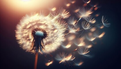 A single dandelion seed head blowing in the wind with wispy seed