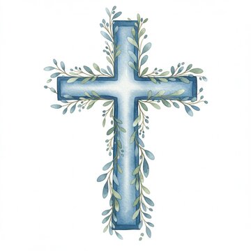 A gently painted watercolor image shows Christian cross in muted blues, accented with delicate green leaves and tiny berries, set against bright white backdrop.