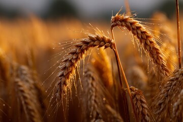 Golden wheat swaying gently at sunset with dew glistening under warm sunlight