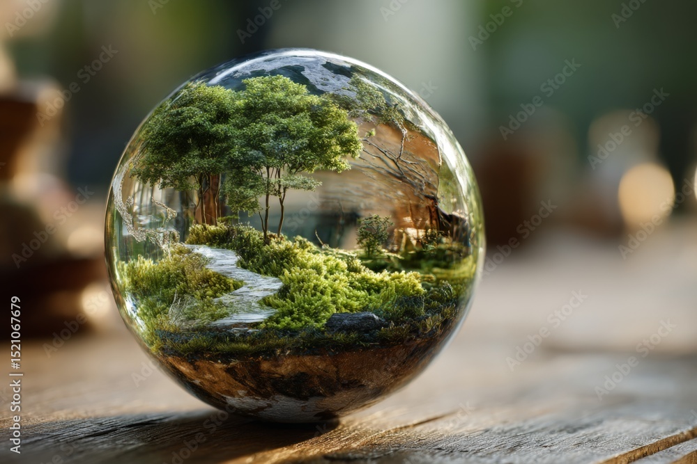 Poster beautiful nature encapsulated in a crystal sphere capturing serene greenery and winding paths