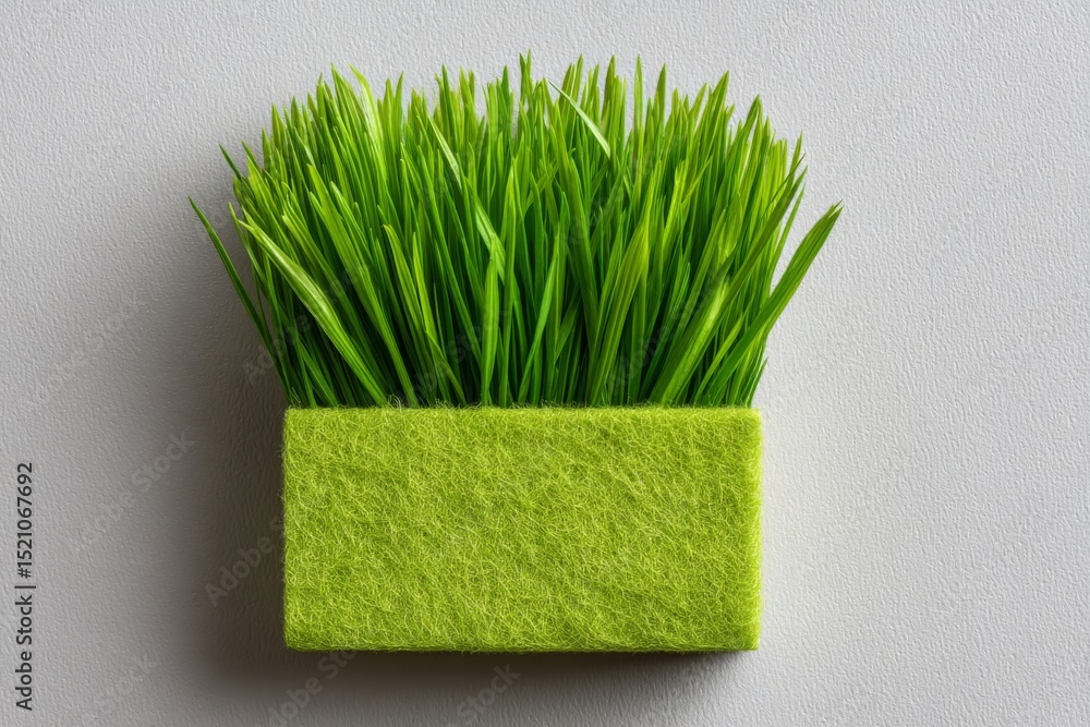 Poster Artificial grass in rectangular green planter on gray surface creating a modern decoration piece for home or office space