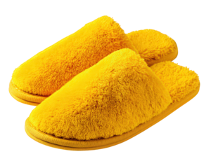 Cozy and vibrant yellow slippers made from soft, fluffy material, perfect for indoor comfort and relaxation. Ideal for lounging at home or keeping feet warm during chilly days