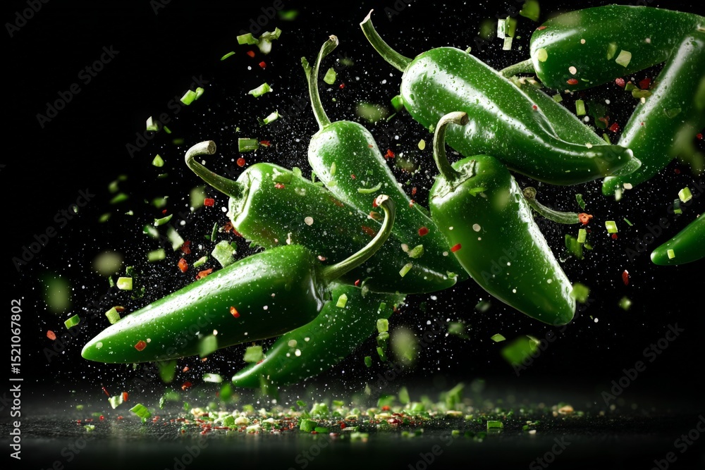 Poster Fresh green jalapenos floating in mid-air with spices exploding around them