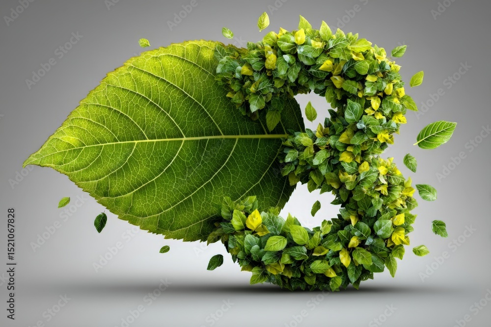Poster creative representation of nature with green leaf forming a stylized number three against a neutral 