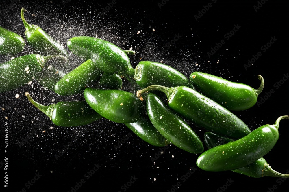 Aufkleber Fresh green jalapenos flying in the air with spices around them in an artistic display