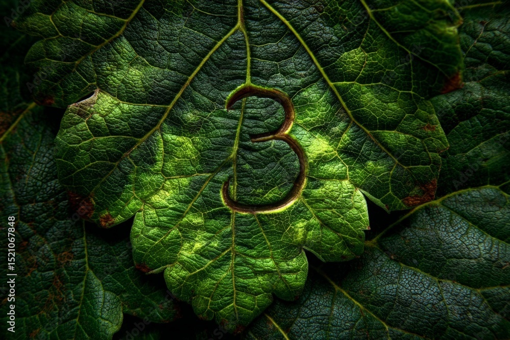 Aufkleber unique leaf arrangement featuring intricate green textures and a prominent number three carved into 