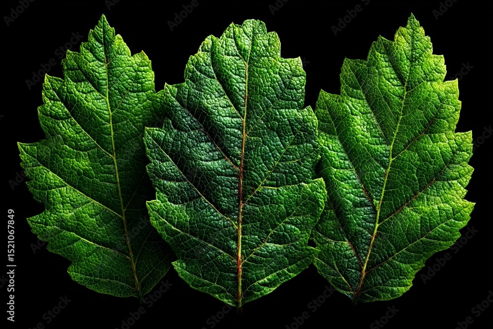 Poster detailed close-up of vibrant green leaves arranged on a dark background highlighting their texture a