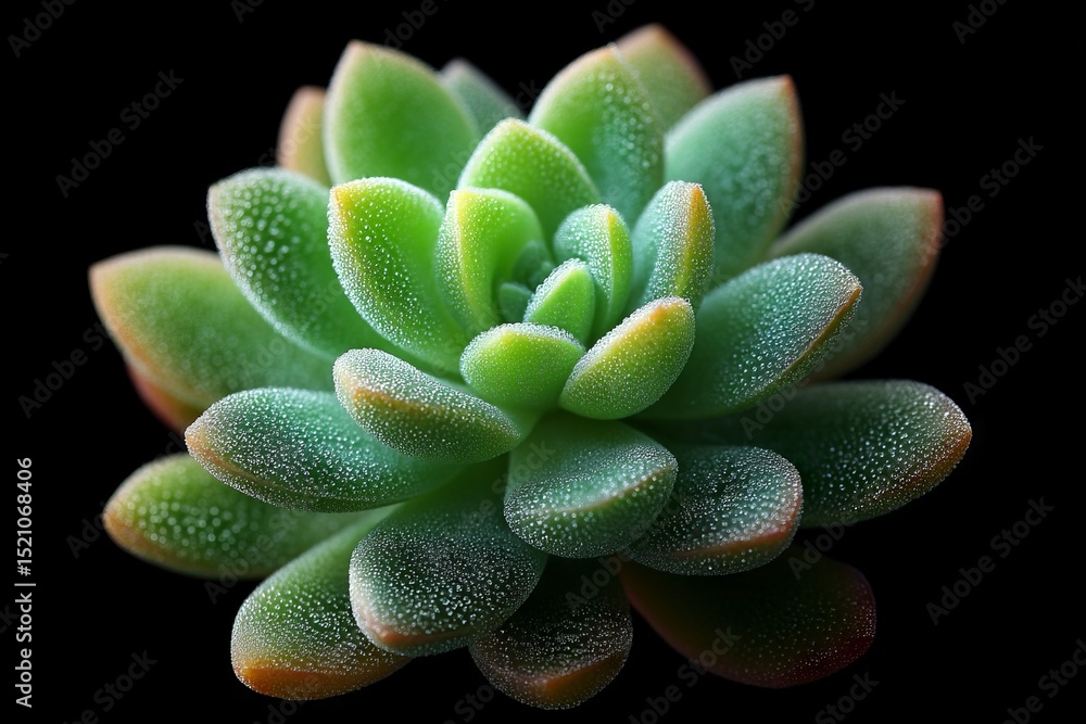 Poster vibrant green succulent with dew drops against a black background showcasing its unique shape and te