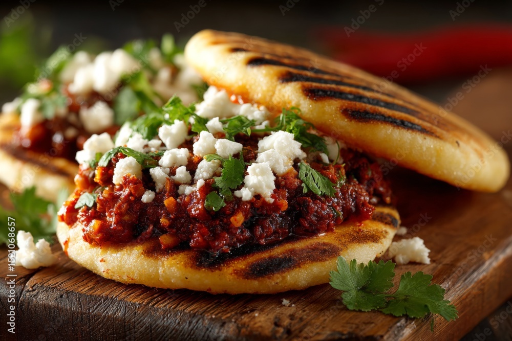 Poster delicious arepas filled with savory meat and topped with fresh cheese and herbs in a rustic setting