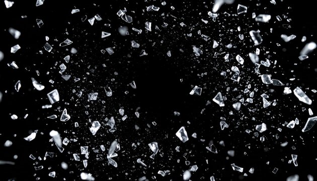 Shattered Glass Fragments Exploding on Black Background