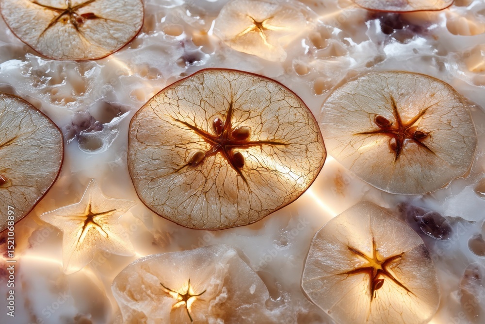 Poster abstract close-up of backlit translucent apple slices and star fruit segments on decorative stone, c