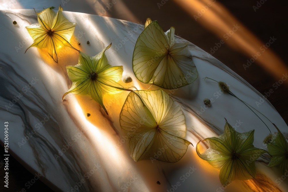 Poster a top-down view of several physalis alkekengi flowers arranged on a marble surface in the studio, wi