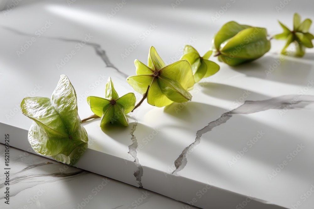 Poster close-up of vibrant star fruit on a white marble surface, highlighting its unique shape and color, c