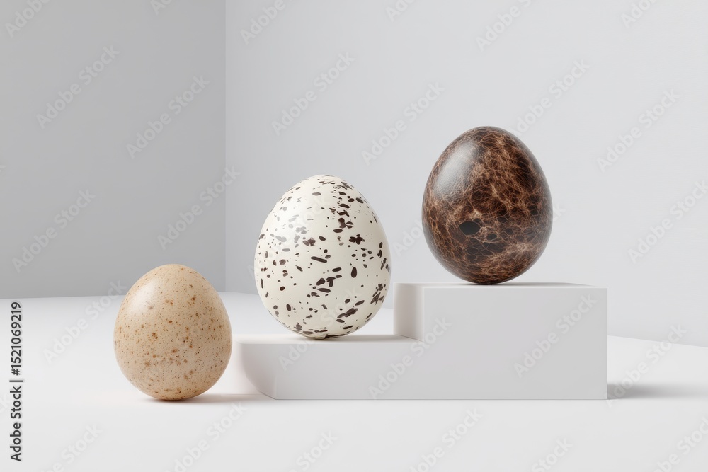 Poster three quail eggs with different patterns arranged on a white pedestal against a clean white backgrou