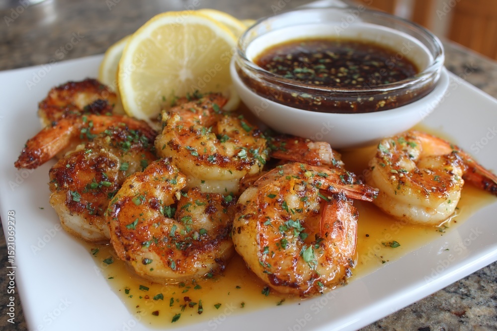 Poster grilled shrimp garnished with lemon and serving sauce on a white plate at a casual dining setting