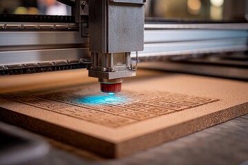 A laser cutter engages with a wooden board, precisely engraving intricate designs. The workshop is bright, showcasing the precision of the equipment in action