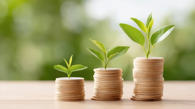 Growing plants on stacks of coins symbolize financial growth and sustainability.