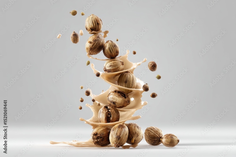 Poster captivating close-up of cardamoms falling into a creamy liquid, creating dynamic splash, with a smoo