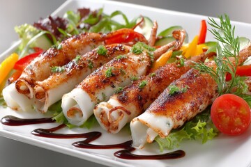 Delicious grilled squid served on a fresh salad with vibrant vegetables for a colorful dining experience