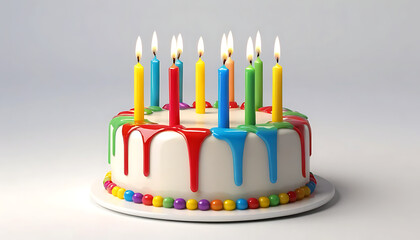 Colorful Birthday Cake with Lit Candles