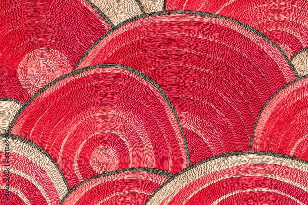 Poster vibrant textured artwork featuring a dynamic pattern of layered semi-circles in various shades of re