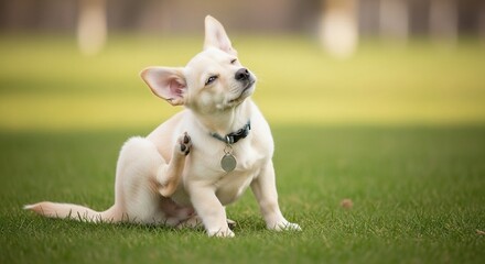 Adorable Puppy Itching Its Ear on Green Grass with Collar and Tag