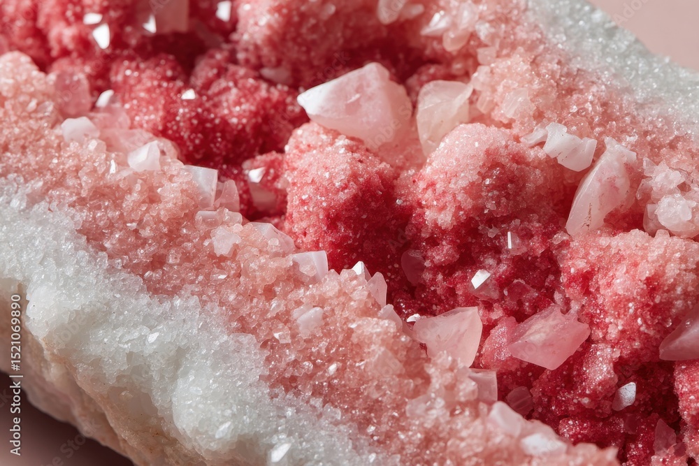 Poster a macro close-up of a vibrant pink and white crystal geode, showcasing intricate detail and sparklin