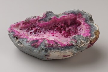 Detailed close-up of a geode with vibrant pink crystals and a rough, textured exterior, showcasing the natural beauty and unique formation of minerals within a hollow rock.