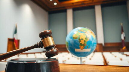 Hammer judge gavel and world globe in courtroom with white wall background. World court, International Court of Justice (ICJ) concept. World court adjudicates general disputes between countries.