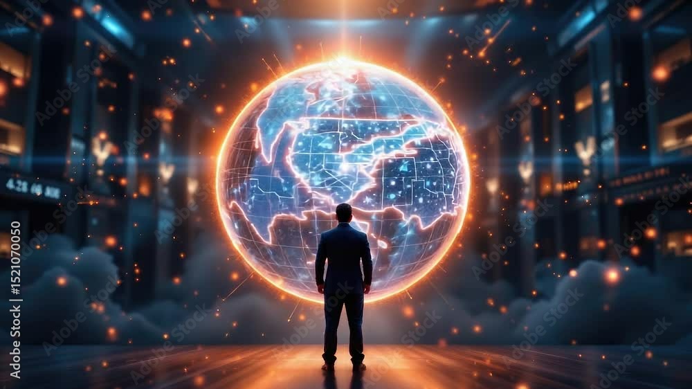 Poster human silhouette standing before a glowing virtual globe with data points representing the usa in a 