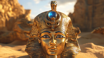 Iconic Mask of Tutankhamun, crafted from gold with lapis lazuli and carnelian inlays, prominently displayed against a golden desert landscape.