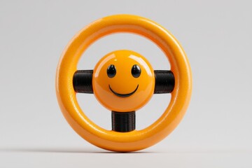 Colorful smiling toy steering wheel for children's play in a bright and playful setting