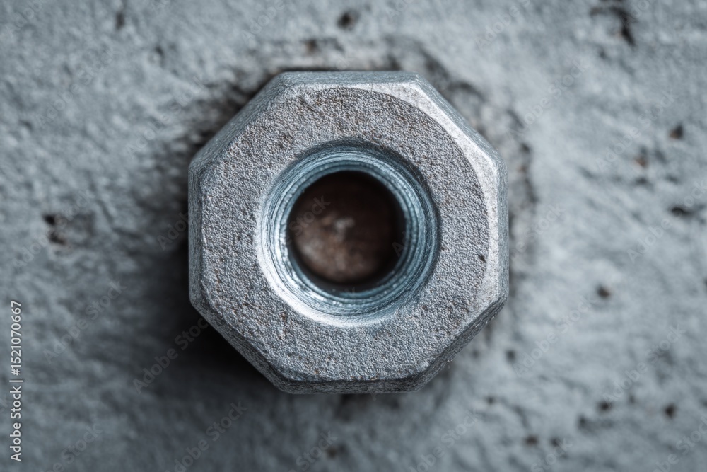 Poster Close-up view of a metallic hex nut on a textured gray surface highlighting its intricate details and craftsmanship