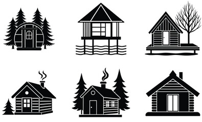 Traditional Finnish Wooden Sauna House Silhouette Set – Nordic Bathhouse Vector Clipart Featuring Rustic Cabin Design, Steam House, and Winter Wellness Architecture


