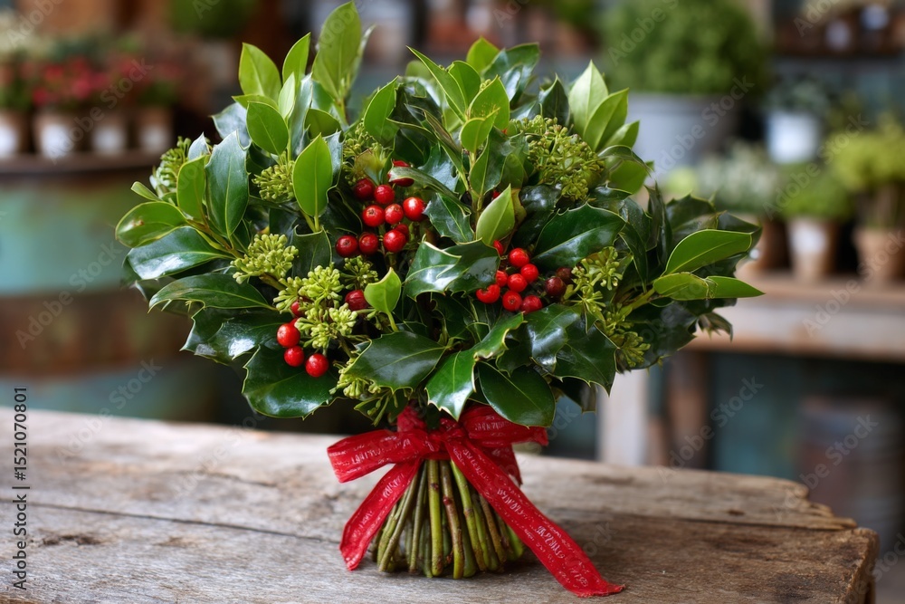 Poster festive holiday bouquet featuring vibrant greenery and red berries displayed in a rustic shop settin