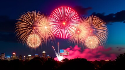 Patriotic fireworks display over cityscape