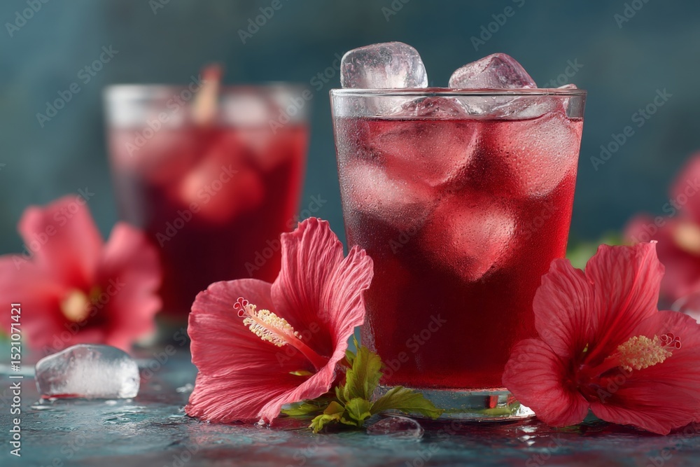 Poster refreshing hibiscus drinks with ice and vibrant flowers on a serene background