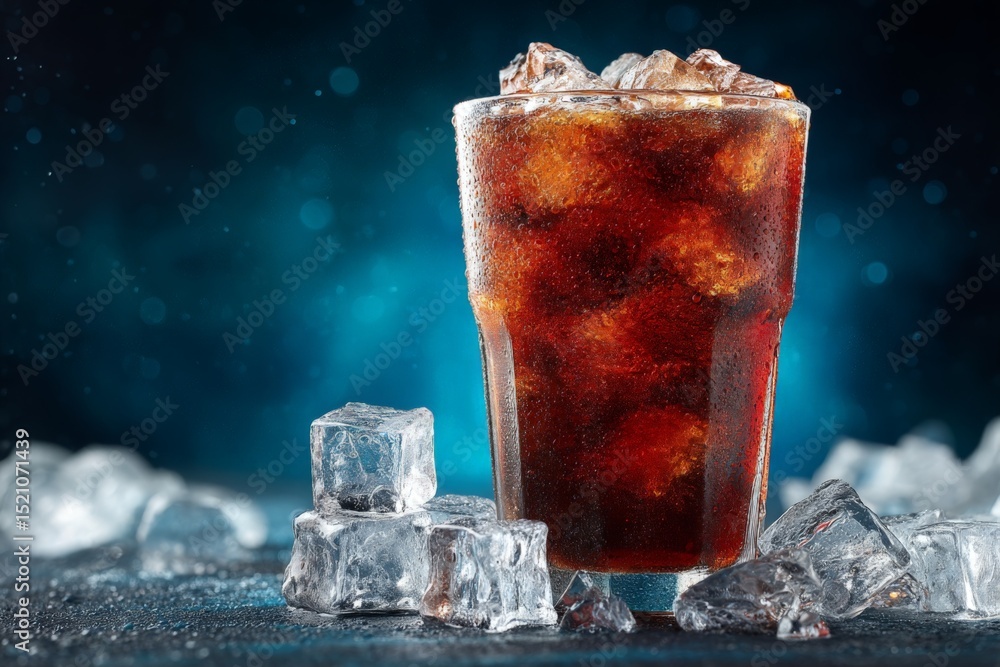 Poster Chilled beverage with ice cubes on a reflective surface capturing the essence of refreshment in a vibrant setting