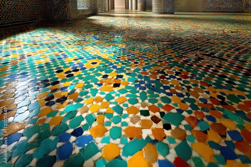 Aufkleber intricate mosaic tile floor design in a grand hall with ornate columns and walls, creating a visuall