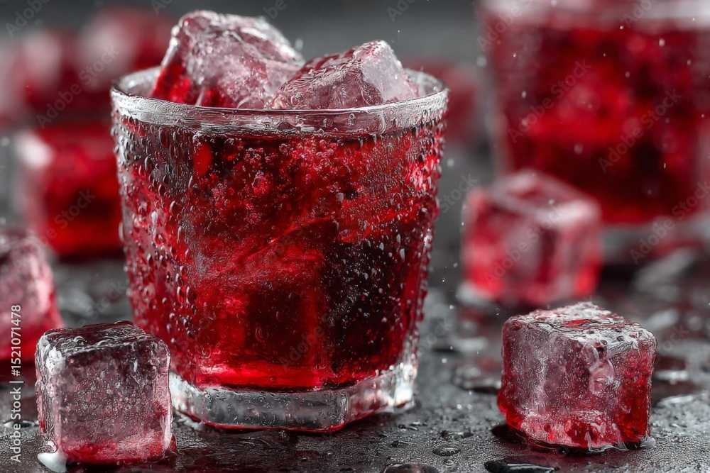 Poster refreshing red beverage with ice cubes on a dark surface during a summer gathering