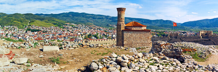 Panoramic view of Sel&ccedil;uk and ancient mosque (Kale Camii) on the top of Ayasuluk hill. Ayasuluk Citadel, Sel&ccedil;uk, Izmir Province, T&uuml;rkiye