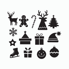 Christmas Icon Silhouette Set &ndash; Holiday Vector Collection with Tree, Gifts, and Decorations
