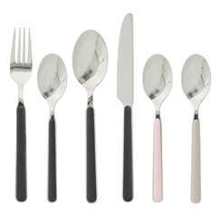 Set Stainless steel spoon, fork, knife cut out isolated transparent background