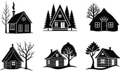 Icelandic Turf House with Bare Tree Silhouette Set – Nordic Architecture Vector Clipart Featuring Traditional Grass Roof Cottage, Leafless Tree, and Winter Landscape Elements